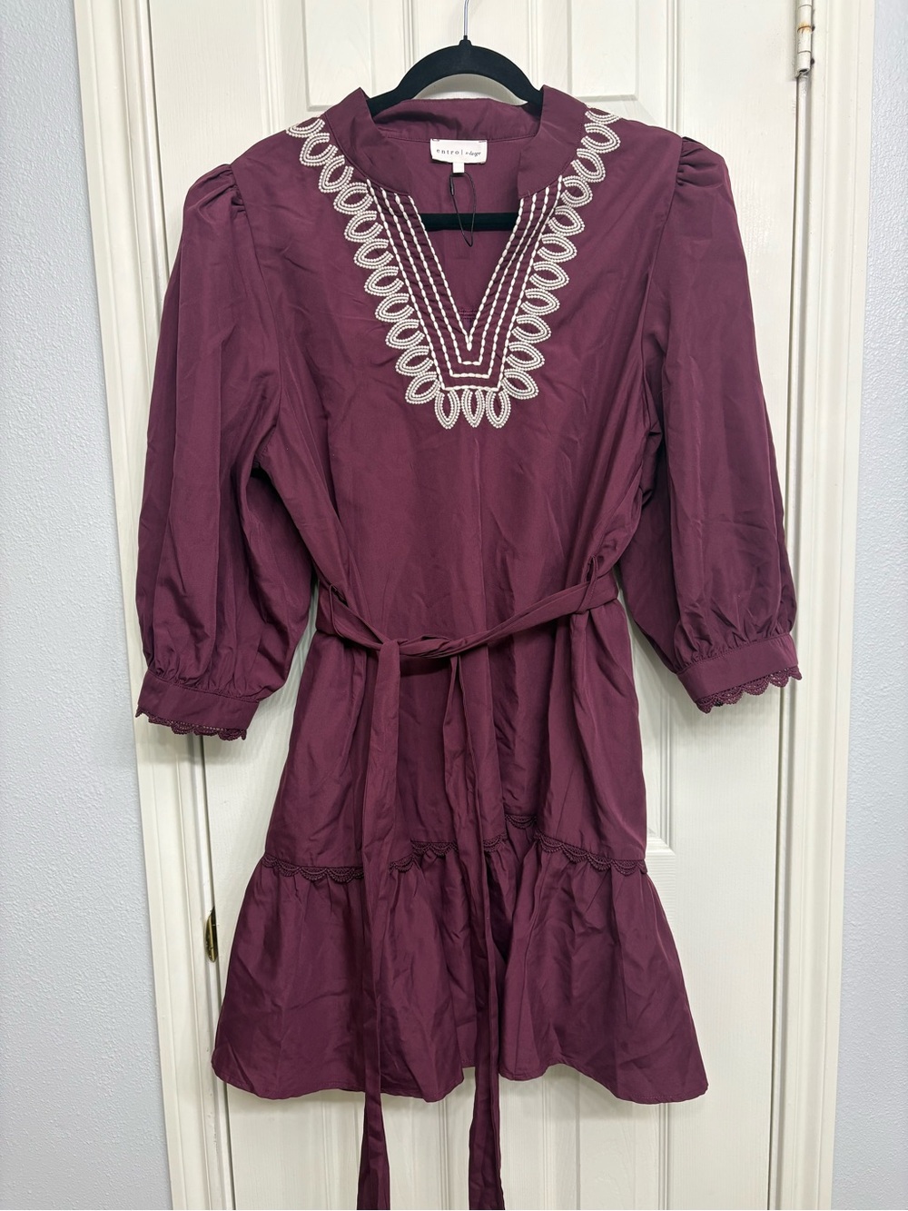 Entro Women's Plum Embroidered V-Neck Dress